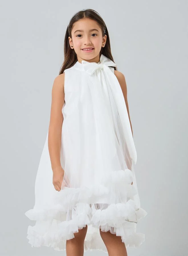 تايك تو فستان حفلات بناتي شبكي بحافة مكشكشة وفيونكة